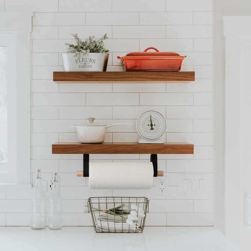 Minimal Paper Towel Holder modern alternative to countertop stand mounts under the cabinet with leather straps with birch or walnut wood